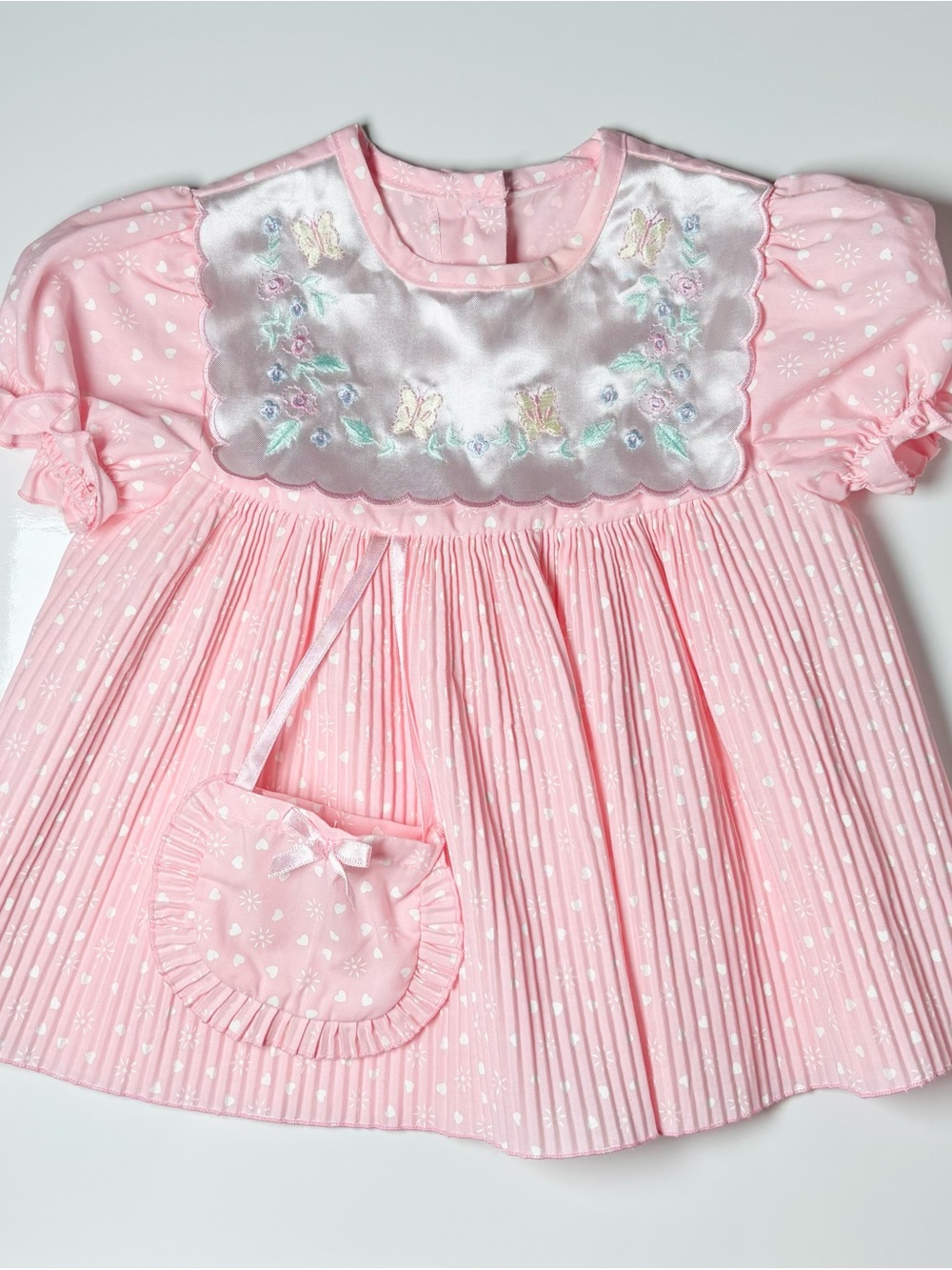 Vintage 80s Pink Heart Polka Dot Pleated Babydoll Dress & Purse Set Coquette 12M